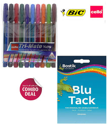 Bostik 801103 Blu Tack Handy | Bic Cello Trimate Neo Ballpoint Pens,Medium Multicoloured Point, 1.00 mm Assorted Colours, Pack of 10 | Colour Pens