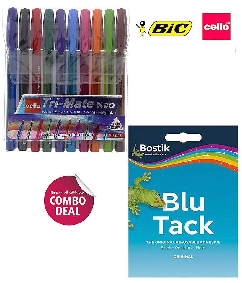 Bostik 801103 Blu Tack Handy | Bic Cello Trimate Neo Ballpoint Pens,Medium Multicoloured Point, 1.00 mm Assorted Colours, Pack of 10 | Colour Pens
