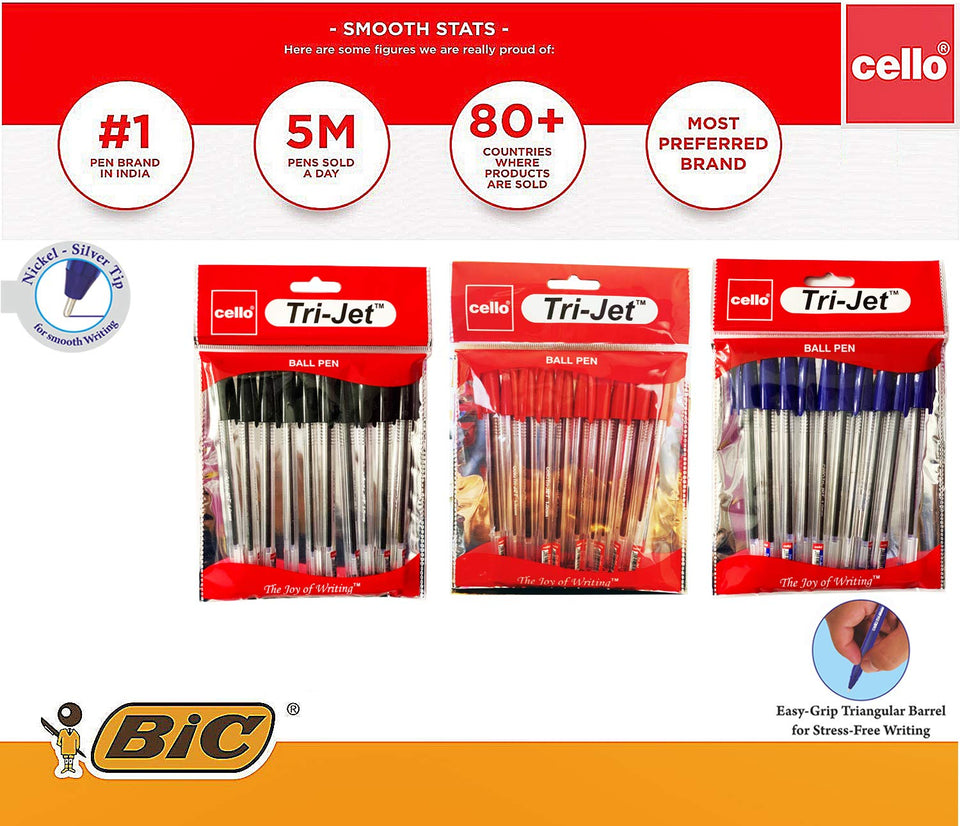 BIC Cello Original Extra Grip Trijet Stick Ballpoint Pens Medium Point (1.0 mm) - Pack of 10