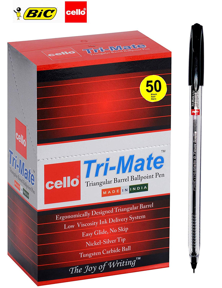 BIC Cello Original Tri-Mate Triangular Barrel Stick Ballpoint Pen Black pens- Box of 50