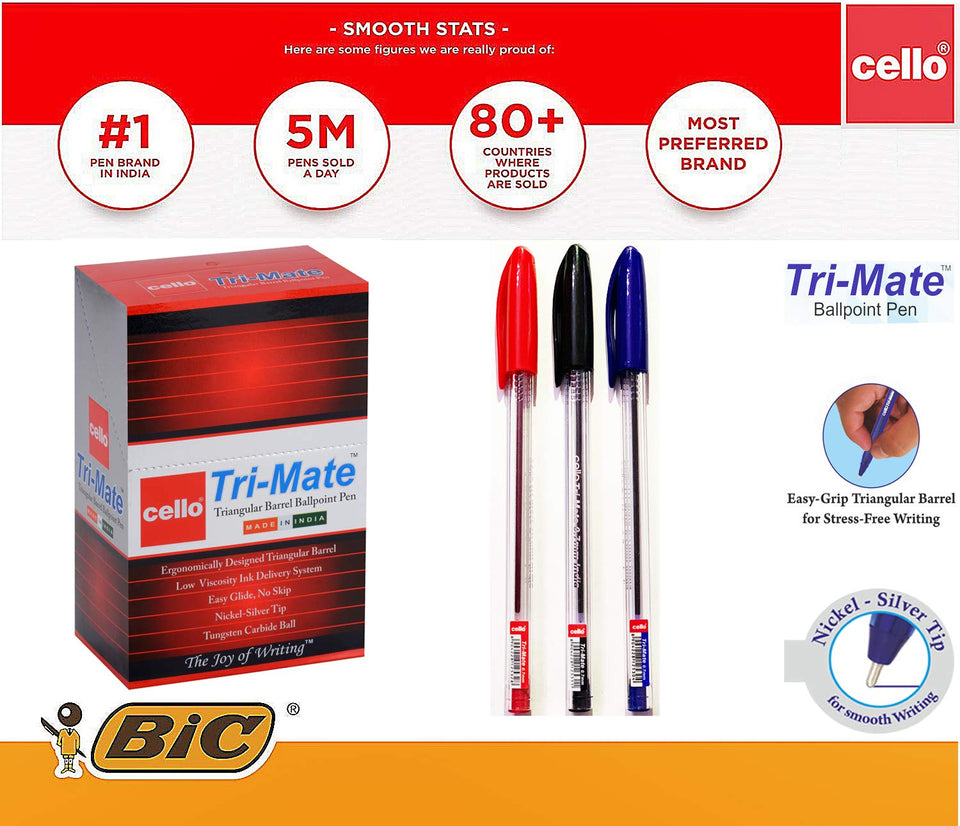 BIC Cello Original Tri-Mate Triangular Barrel Stick Ballpoint Pen Black pens- Box of 50