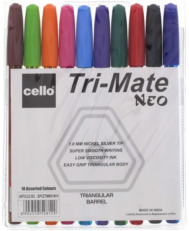 Bic cello Tri-mate Neo Medium Rainbow Ballpoint Pens, Assorted Colours, Pack of 10