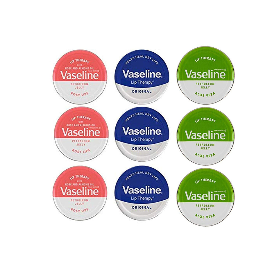 Vaseline Lip Balm Petroleum Jelly 20g Multiple Flavors - 3 Original, 3 Rosy Lips & 3 Aloe Vera (Pack of 9)