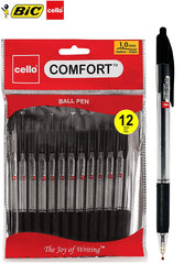 BIC Cello Extra Comfort Grip Ballpoint Pens Medium Point Retractable Ballpoint Pens - (1.0 mm), Pack of 12, Black Pens