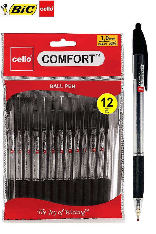 BIC Cello Extra Comfort Grip Ballpoint Pens Medium Point Retractable Ballpoint Pens - (1.0 mm), Pack of 12, Black Pens