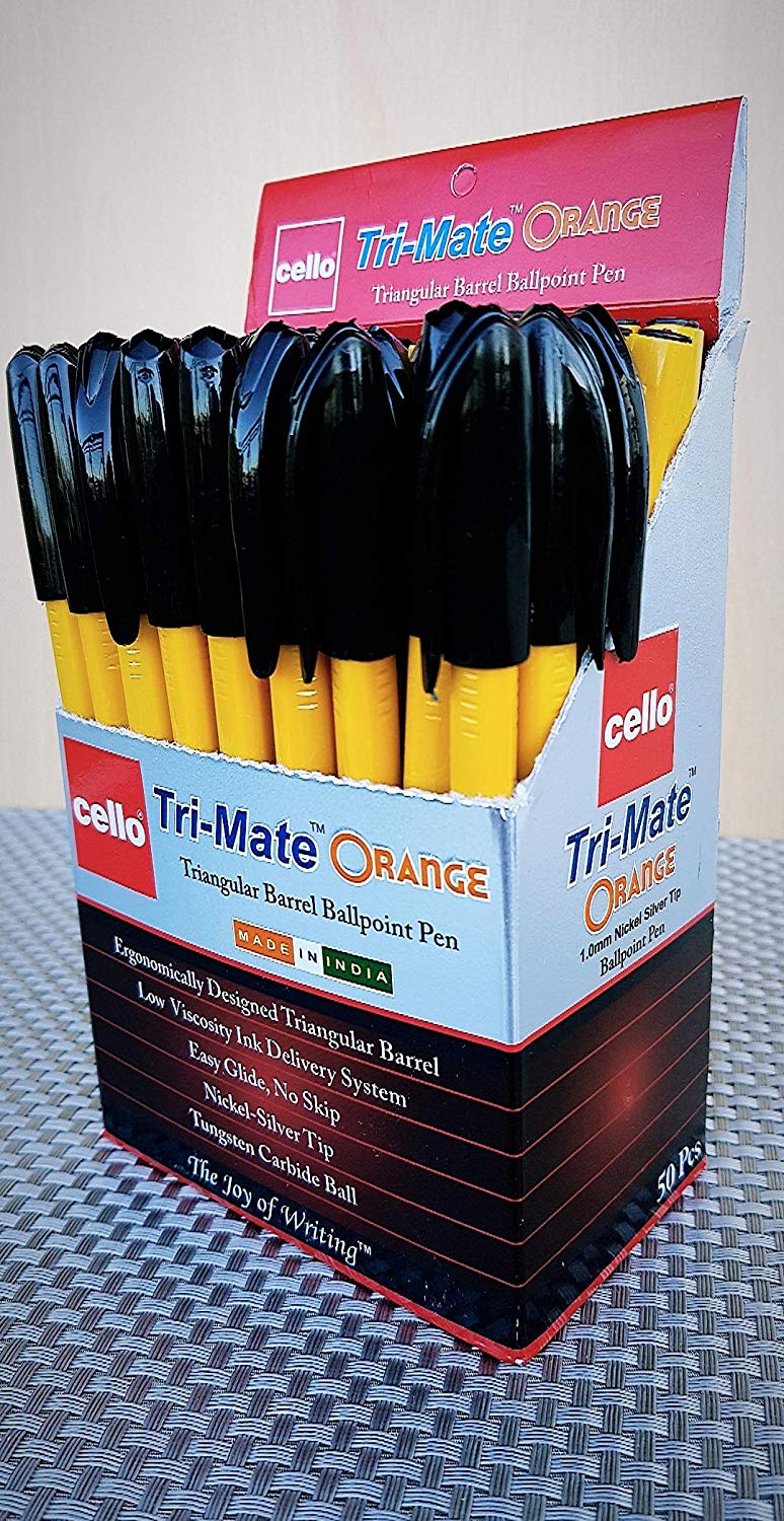 Cello Tri-Mate Triangular Barrel Ballpoint Pen 1.0 mm (Orange Black) - Pack of 50