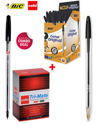 BIC Cello Original Tri-Mate Triangular Barrel Ballpoint Pen (0.7mm) - Black Pen,Box of 50 | BIC Cristal Original Ballpoint Pens Medium Point (1.0mm) – Black, Box of 50 | Combo deal | Total 100 Pens…