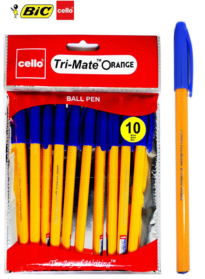 BIC Cello Tri-Mate Orange Fancy Ballpoint Pens Medium Point - Pack of 10 Blue