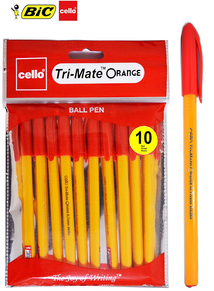 BIC Cello Tri-Mate Orange Fancy Ballpoint Pens Medium Point - Pack of 10 Red