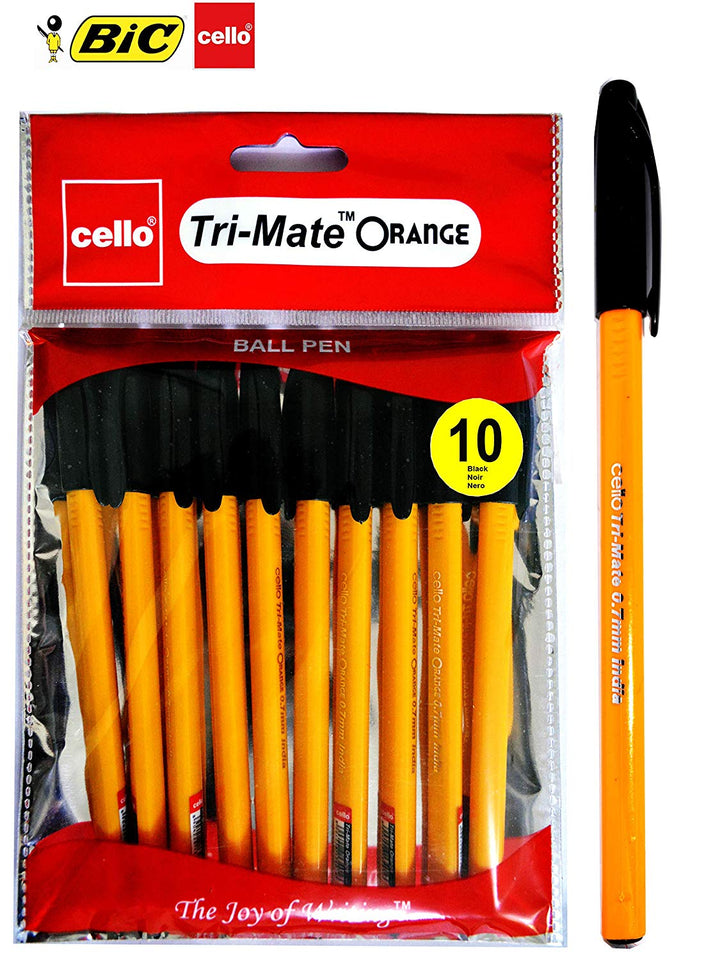 BIC Cello Tri-Mate Orange Fancy Ballpoint Pens Medium Point (Black, Pack Of 10)