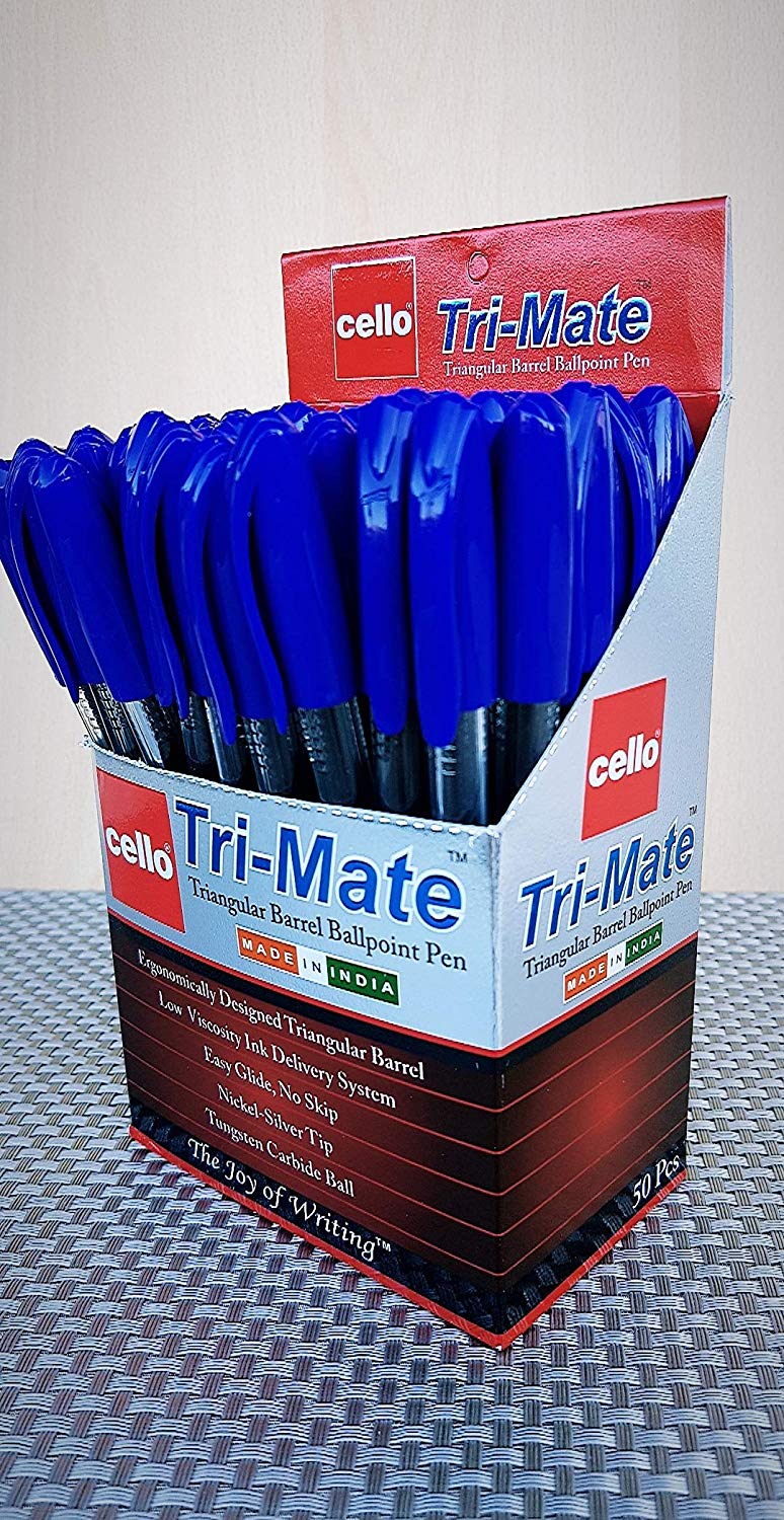 Cello Tri-Mate Triangular Barrel Ballpoint Pen 1.0 mm (Blue) - Pack of 50