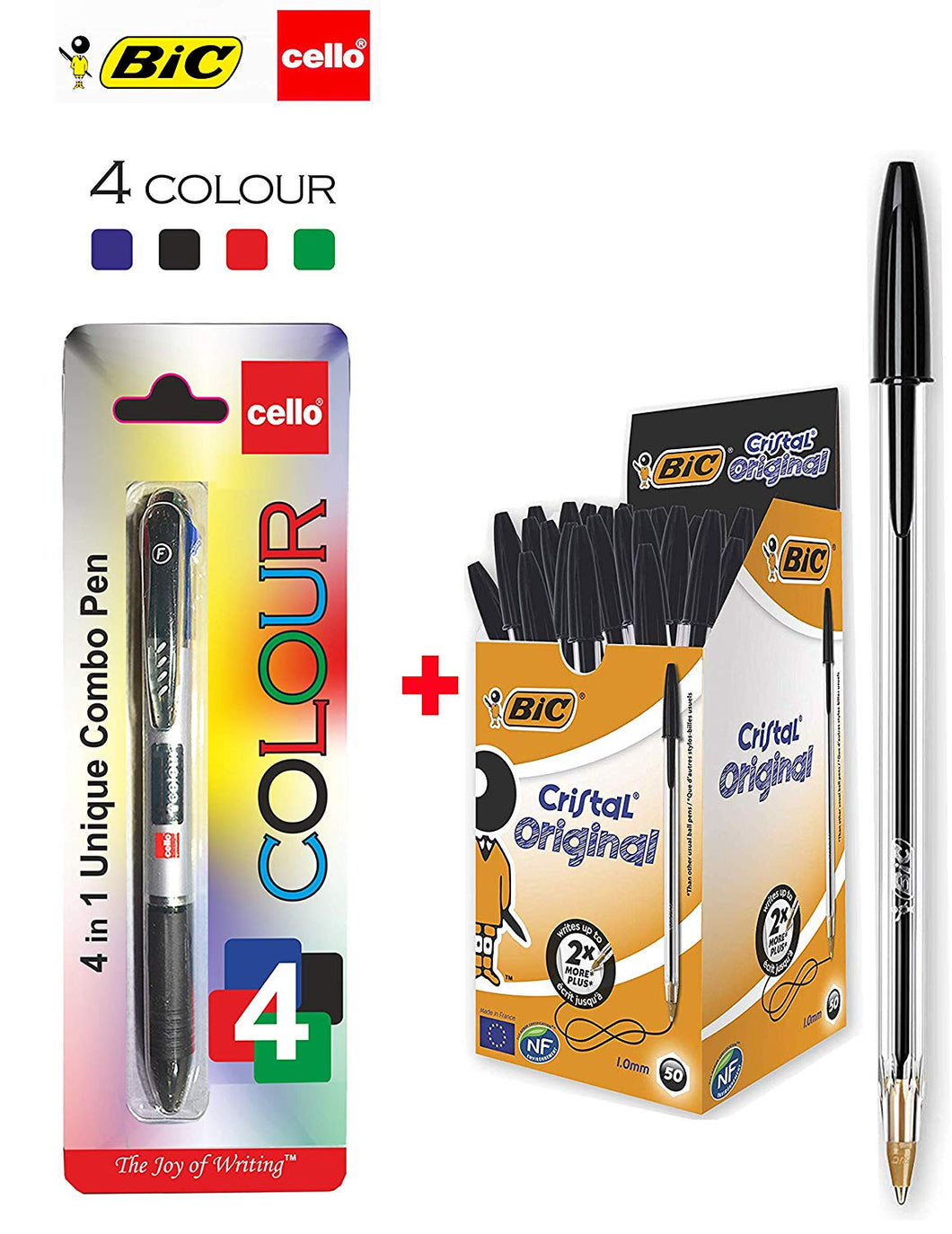 BIC Cristal Original Ballpoint Pens Medium Point (1.0 mm) – Black, Box of 50 | BIC Cello 4 Colours Original Retractable Ballpoint Pens Fine Point 0.7 mm Combo deal