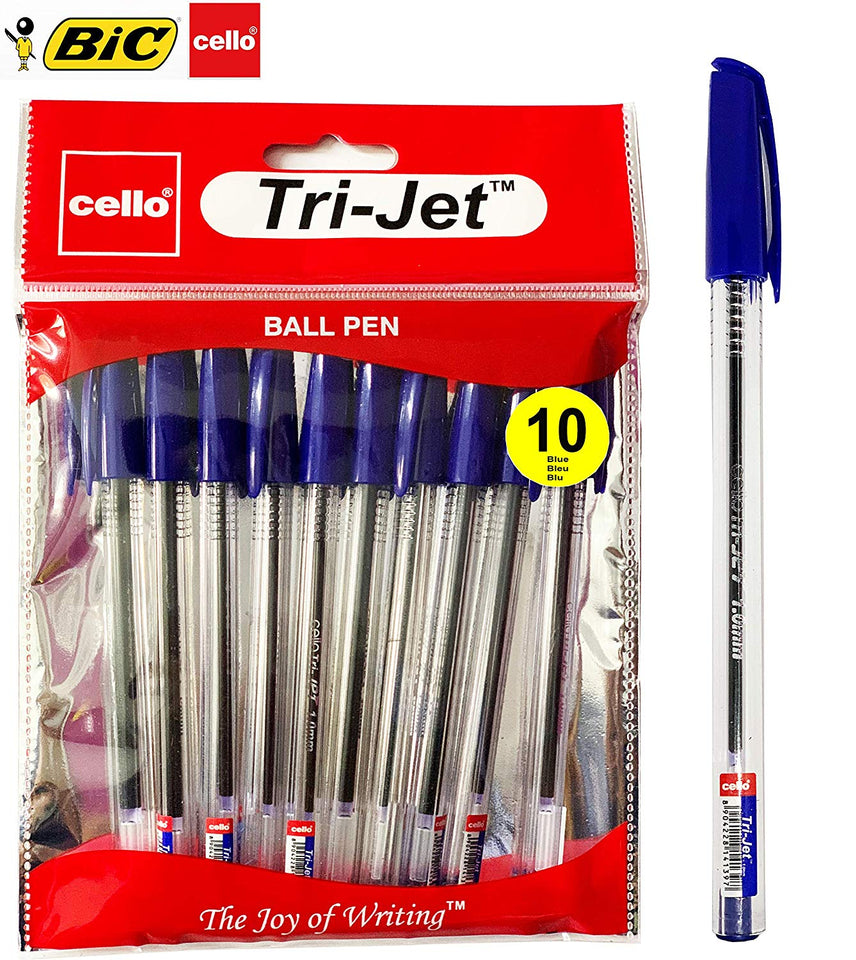 BIC Cello Extra Grip Trijet Ballpoint Pens Medium Point (1.0 mm) - Pack of 10 Blue Pens