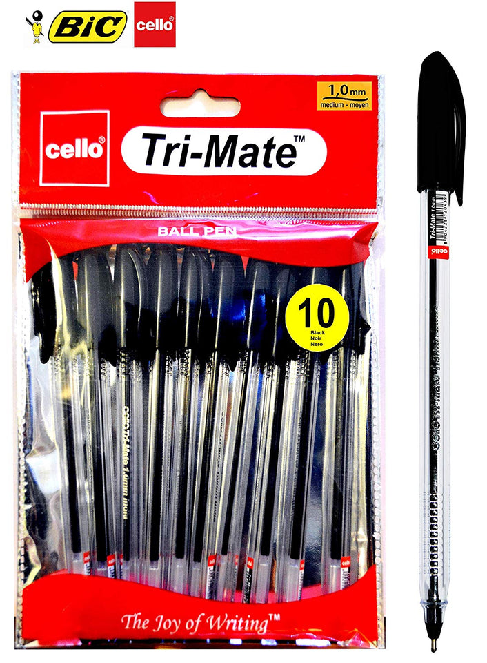 Bic Cello Original Tri-Mate Triangular Barrel Ballpoint Pen Medium Point (1.0mm) - Black Pens, Pack of 10