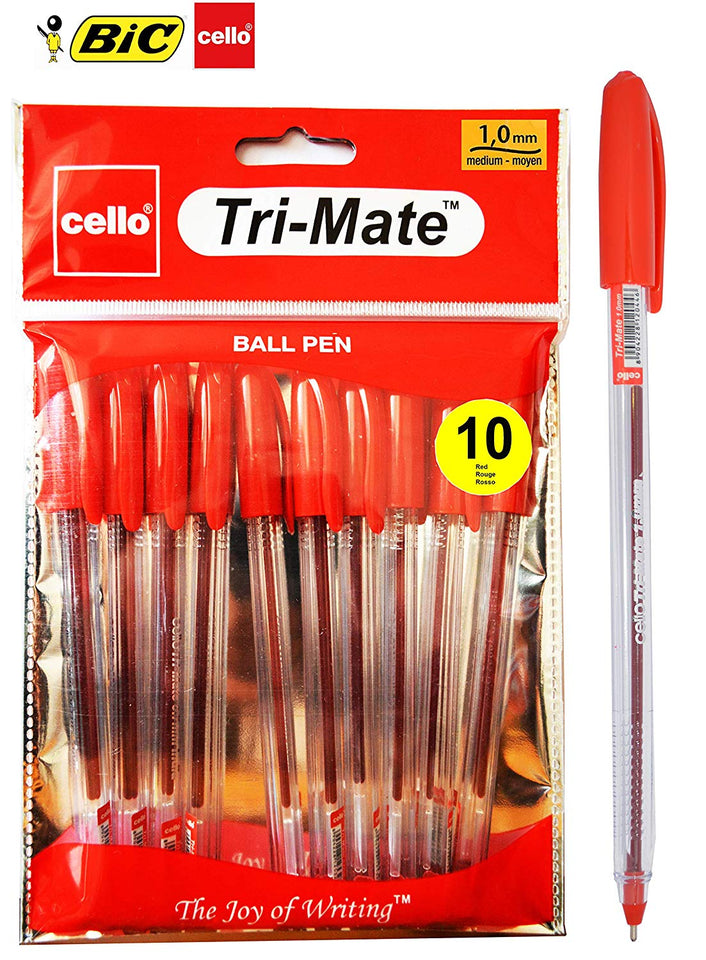 Bic Cello Original Tri-Mate Triangular Barrel Ballpoint Pen Medium Point (1.0mm) - Red Pens, Pack of 10