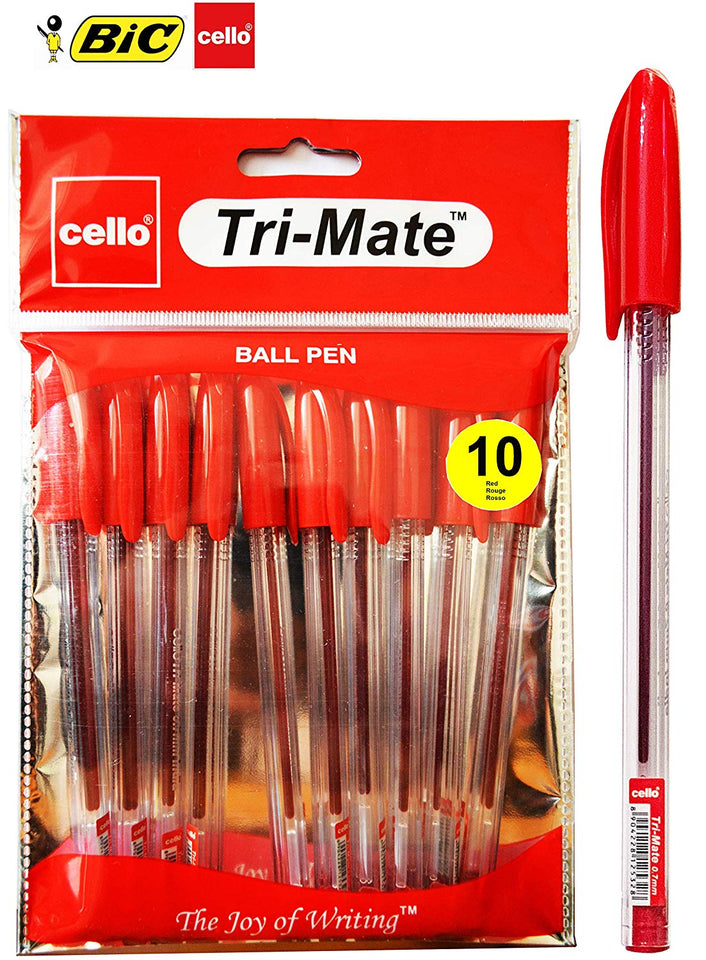 BIC Cello Tri-Mate Crystal Ballpoint Pens Medium Point - Pack of 10 Red