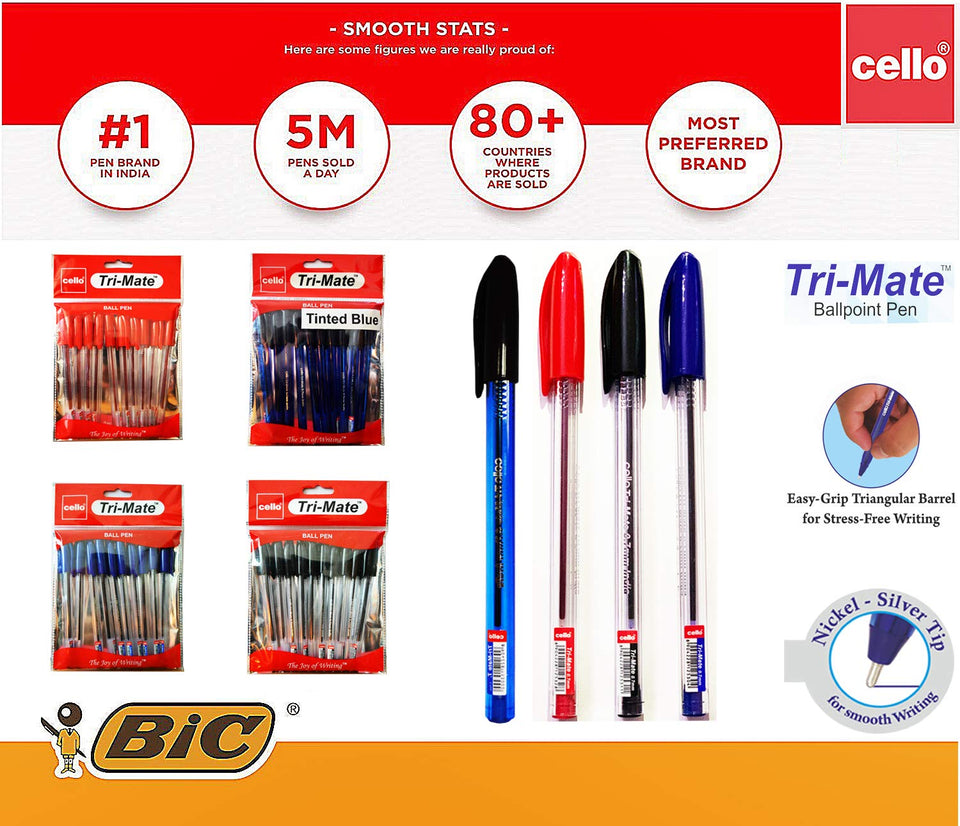 BIC Cello Tri-Mate Crystal Ballpoint Pens Medium Point - Pack of 10 Red